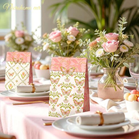NICROHOME EUR Floral Gift Bags with Butterfly Stickers, 24 Pack Small Kraft Paper Bags Green Pink Tulip Design, Party Favors Bags Bulk for Girls Women Birthday Baby Shower Mothers Day Gift Packing in Saudi Arabia