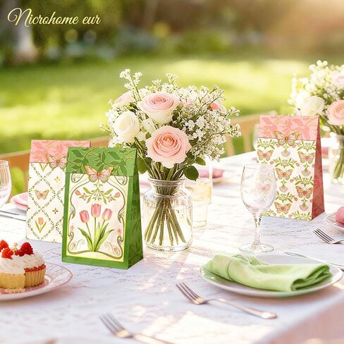 NICROHOME EUR Floral Gift Bags with Butterfly Stickers, 24 Pack Small Kraft Paper Bags Green Pink Tulip Design, Party Favors Bags Bulk for Girls Women Birthday Baby Shower Mothers Day Gift Packing in Saudi Arabia