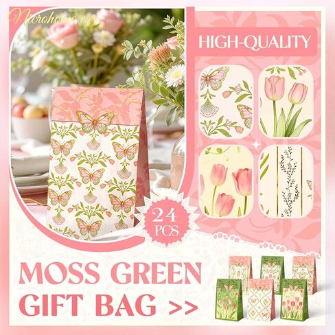 NICROHOME EUR Floral Gift Bags with Butterfly Stickers, 24 Pack Small Kraft Paper Bags Green Pink Tulip Design, Party Favors Bags Bulk for Girls Women Birthday Baby Shower Mothers Day Gift Packing in Saudi Arabia