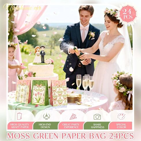NICROHOME EUR Floral Gift Bags with Butterfly Stickers, 24 Pack Small Kraft Paper Bags Green Pink Tulip Design, Party Favors Bags Bulk for Girls Women Birthday Baby Shower Mothers Day Gift Packing in Saudi Arabia