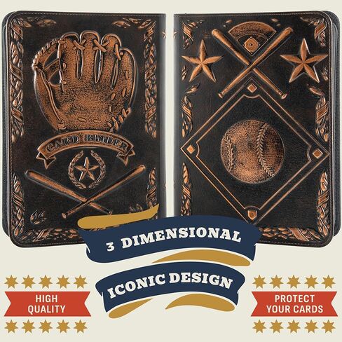 Baseball Card Binder - 9 Pocket Album w Zipper - 360 Side Loading Sleeves Book for Baseball Trading Cards - 3D PU Leather with Vintage Design - Works with Topps, Bowman, Panini... in Saudi Arabia