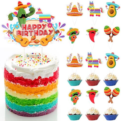 49 Pieces Fiesta Cake Toppers Mexican Theme Llama Piñata Cactus Avocado Donkey Pepper Sombrero Guitar Cupcake Toppers for Mexican Themed Fiesta Birthday Party Decorations in Kuwait