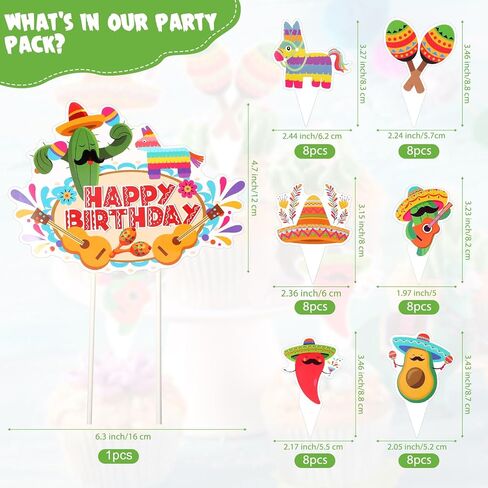 49 Pieces Fiesta Cake Toppers Mexican Theme Llama Piñata Cactus Avocado Donkey Pepper Sombrero Guitar Cupcake Toppers for Mexican Themed Fiesta Birthday Party Decorations in Kuwait