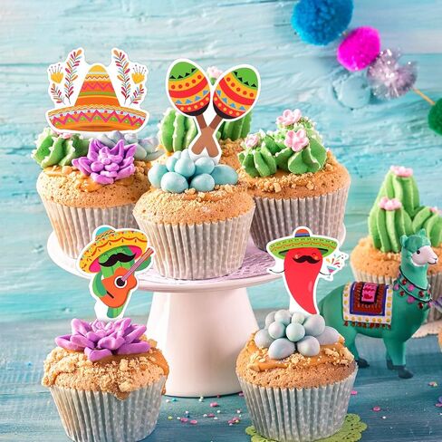 49 Pieces Fiesta Cake Toppers Mexican Theme Llama Piñata Cactus Avocado Donkey Pepper Sombrero Guitar Cupcake Toppers for Mexican Themed Fiesta Birthday Party Decorations in Kuwait