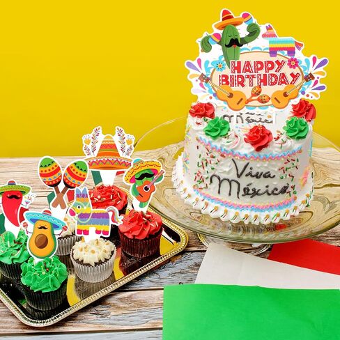 49 Pieces Fiesta Cake Toppers Mexican Theme Llama Piñata Cactus Avocado Donkey Pepper Sombrero Guitar Cupcake Toppers for Mexican Themed Fiesta Birthday Party Decorations in Kuwait