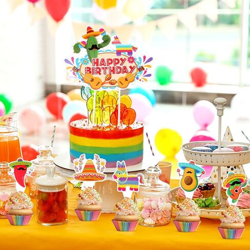 49 Pieces Fiesta Cake Toppers Mexican Theme Llama Piñata Cactus Avocado Donkey Pepper Sombrero Guitar Cupcake Toppers for Mexican Themed Fiesta Birthday Party Decorations in Kuwait