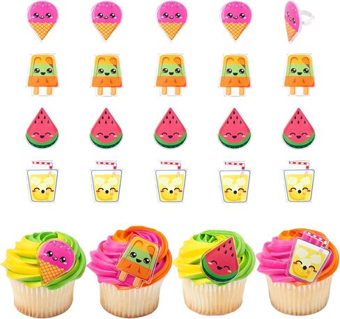 DecoPac Cool Summer Treats Cupcake Toppers, 24 Cupcake Rings With Popsicles, Ice Cream, Watermelon, Lemonade, Food Safe Summer Pool Party Decorations - 24 Pack in Kuwait