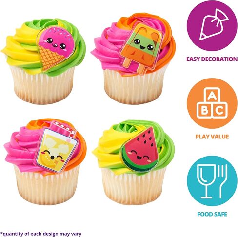 DecoPac Cool Summer Treats Cupcake Toppers, 24 Cupcake Rings With Popsicles, Ice Cream, Watermelon, Lemonade, Food Safe Summer Pool Party Decorations - 24 Pack in Kuwait