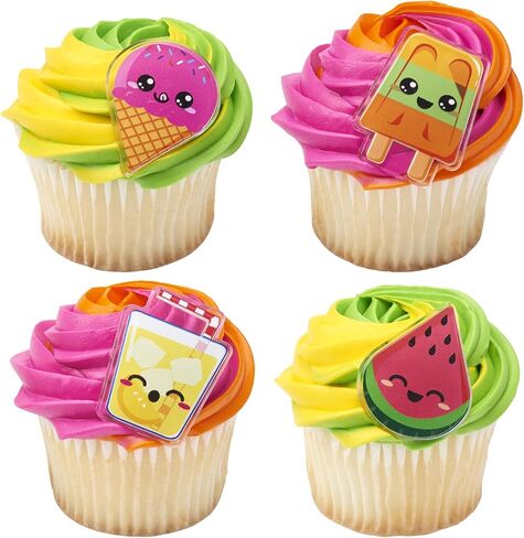 DecoPac Cool Summer Treats Cupcake Toppers, 24 Cupcake Rings With Popsicles, Ice Cream, Watermelon, Lemonade, Food Safe Summer Pool Party Decorations - 24 Pack in Kuwait