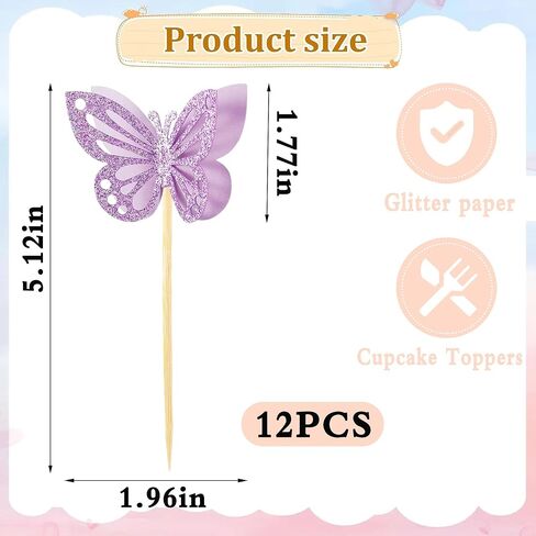 12 Pieces Butterfly Cake Topper, Purple Double Tier Butterfly Cake Decoration for Baby Birthday Party, Bridal Wedding Party in Kuwait