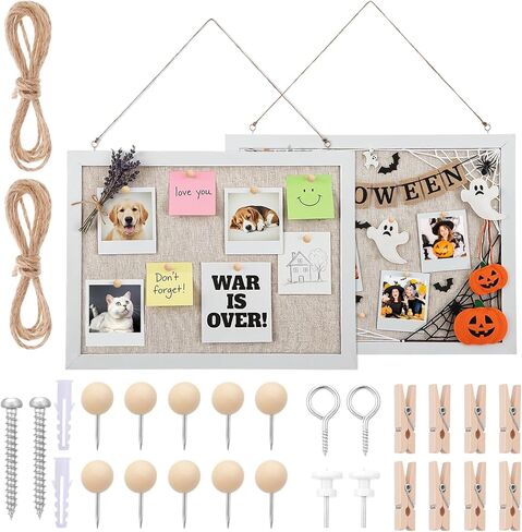 2-Pack Cork Board with Linen, 15.7" x 11.8" White Bulletin Board, Wood Framed Hanging Pin Boards for Wall, Vision Boards Kit for Office Home Decor, 20 Pushpins & 8 Clips in Kuwait
