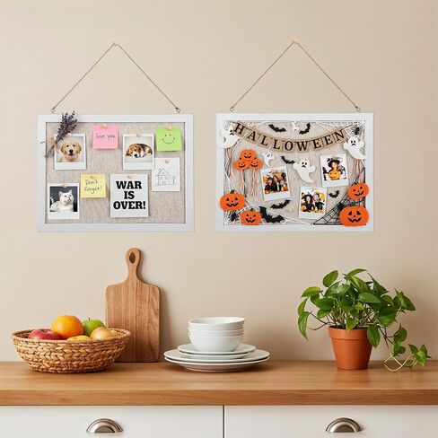 2-Pack Cork Board with Linen, 15.7" x 11.8" White Bulletin Board, Wood Framed Hanging Pin Boards for Wall, Vision Boards Kit for Office Home Decor, 20 Pushpins & 8 Clips in Kuwait