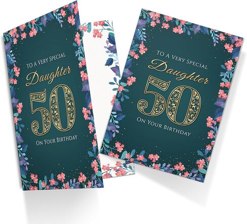 50th Birthday Card for Daughter – Floral Gold A5 Greeting Card with Printed Verse – Premium UK Made Milestone Design in Saudi Arabia