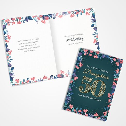 50th Birthday Card for Daughter – Floral Gold A5 Greeting Card with Printed Verse – Premium UK Made Milestone Design in Saudi Arabia