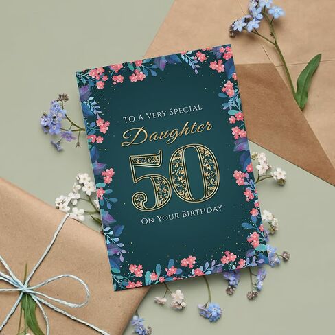 50th Birthday Card for Daughter – Floral Gold A5 Greeting Card with Printed Verse – Premium UK Made Milestone Design in Saudi Arabia
