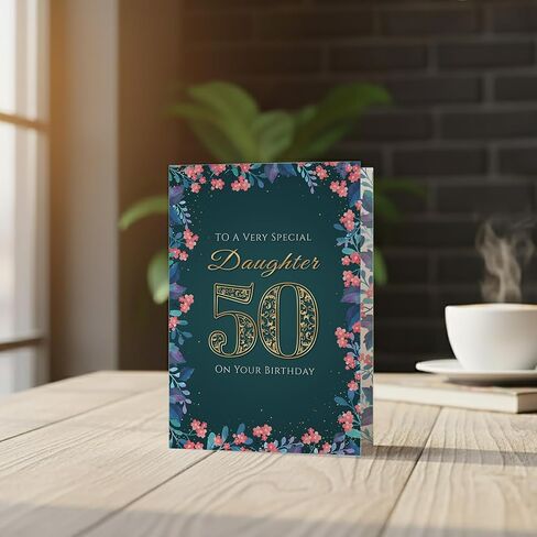 50th Birthday Card for Daughter – Floral Gold A5 Greeting Card with Printed Verse – Premium UK Made Milestone Design in Saudi Arabia