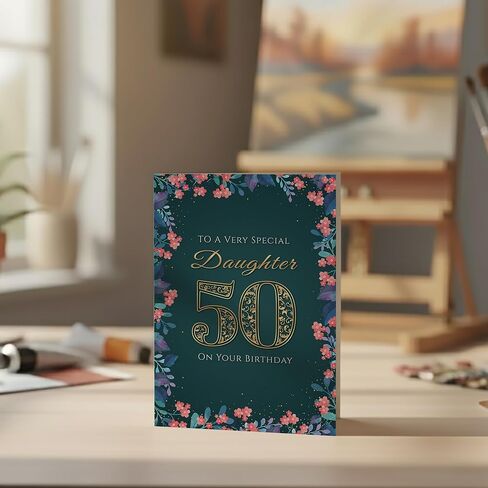 50th Birthday Card for Daughter – Floral Gold A5 Greeting Card with Printed Verse – Premium UK Made Milestone Design in Saudi Arabia