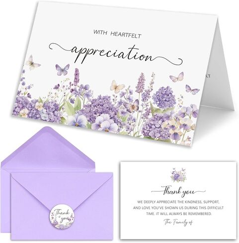 25 Pack Funeral Thank You Cards with Envelopes, Purple Watercolor Floral Butterfly Design 4x6In Message Inside Sympathy Thank You Card for Funeral Bereavement in Saudi Arabia