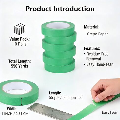 10 Rolls, Automotive Paint Tape, Automotive Masking Tape, Green Painters Tape, 1 Inch X 55 Yards (Total 550 Yards), Multi-Purpose Painters Tape for Automotive Repair, DIY & Art Painting in Saudi Arabia