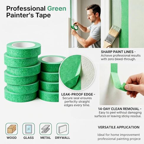 10 Rolls, Automotive Paint Tape, Automotive Masking Tape, Green Painters Tape, 1 Inch X 55 Yards (Total 550 Yards), Multi-Purpose Painters Tape for Automotive Repair, DIY & Art Painting in Saudi Arabia