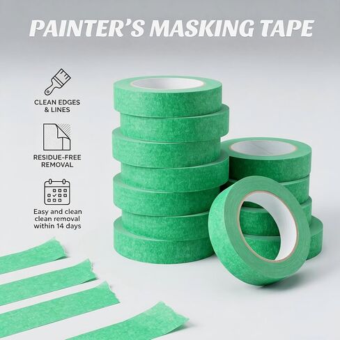 10 Rolls, Automotive Paint Tape, Automotive Masking Tape, Green Painters Tape, 1 Inch X 55 Yards (Total 550 Yards), Multi-Purpose Painters Tape for Automotive Repair, DIY & Art Painting in Saudi Arabia