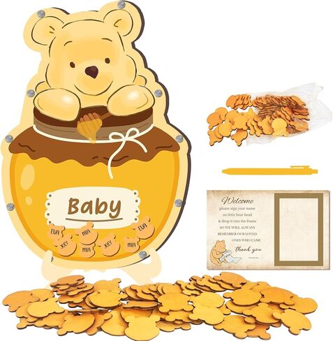 64 Pcs Honey Baby Shower Guest Book Alternatives Set - with Cute Bear Independent Photo Frame Sonogram Frame, Keepsake 60 Wood Bear Shape Slices Guest Book for Baby Shower Birthday in Saudi Arabia