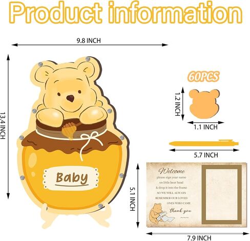 64 Pcs Honey Baby Shower Guest Book Alternatives Set - with Cute Bear Independent Photo Frame Sonogram Frame, Keepsake 60 Wood Bear Shape Slices Guest Book for Baby Shower Birthday in Saudi Arabia
