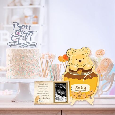 64 Pcs Honey Baby Shower Guest Book Alternatives Set - with Cute Bear Independent Photo Frame Sonogram Frame, Keepsake 60 Wood Bear Shape Slices Guest Book for Baby Shower Birthday in Saudi Arabia