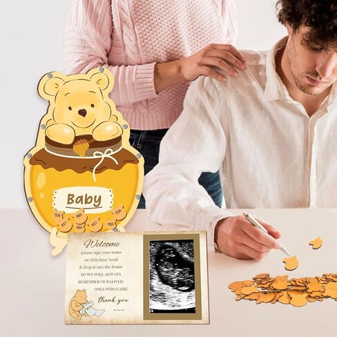 64 Pcs Honey Baby Shower Guest Book Alternatives Set - with Cute Bear Independent Photo Frame Sonogram Frame, Keepsake 60 Wood Bear Shape Slices Guest Book for Baby Shower Birthday in Saudi Arabia