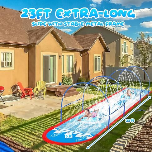 23FT Lawn Water Slide with Dual Metal Frame & Independent Sprinkler System, Water Slide for Kids Backyard, Includes 2 Bodyboards, 6 Stakes, Air Pump, Outdoor Water Toy Summer Lawn Games in Saudi Arabia