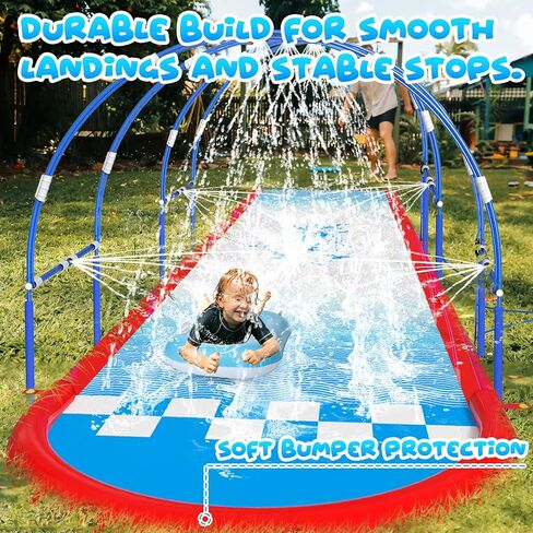 23FT Lawn Water Slide with Dual Metal Frame & Independent Sprinkler System, Water Slide for Kids Backyard, Includes 2 Bodyboards, 6 Stakes, Air Pump, Outdoor Water Toy Summer Lawn Games in Saudi Arabia