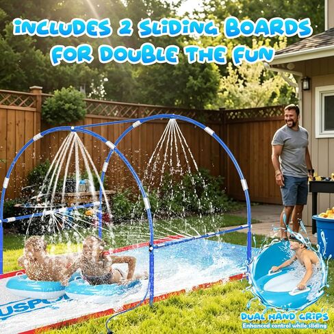 23FT Lawn Water Slide with Dual Metal Frame & Independent Sprinkler System, Water Slide for Kids Backyard, Includes 2 Bodyboards, 6 Stakes, Air Pump, Outdoor Water Toy Summer Lawn Games in Saudi Arabia
