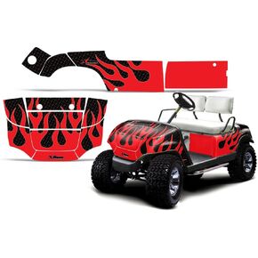 مجموعة رسومات سيارة الجولف AMR Racing: ملصقات عربة الجولف لـ Yamaha G14، G16، G19، G20 (1995-2006)، تتميز بتصميم اللهب الماسي باللون الأحمر والأسود، قم بترقية رحلتك باستخدام الملصقات الواقية! in Kuwait