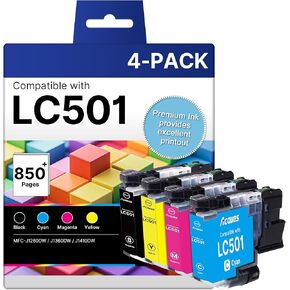 خراطيش حبر LC501 لطابعة Brother MFC-J1360DW بديلة لخراطيش حبر Brother LC501 LC501XL LC 501 تعمل لطابعة MFC-J1360DW MFC-J1410DW MFC-J1260W باللون الأسود واللون، 4 عبوات in Kuwait