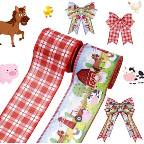 2 Rolls 10 Yards Farm Animal Wired Edge Ribbon 2.5 Inch Barnyard Horse Cow Sheep Pig Chick Print Fabric Ribbon Cute Cartoon Farmhouse Animals Craft Ribbon for Gift Wrapping Baby Shower Birthday Decor in Saudi Arabia