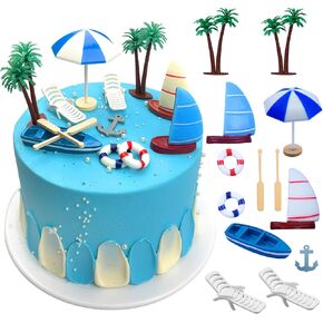 Beach Cake Topper 13Pcs Hawaiian Cake Toppers Decoration Summer Ocean Cake Topper Beach Chair Umbrella Boat Palm Tree Cakes Topper for Tropical Aloha Pool Birthday Wedding Baby Shower Party in Kuwait