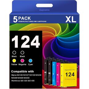 5-Pack 124 Ink Cartridges Remanufactured Replacement for Epson 124 T124 for Stylus NX125 NX127 NX130 NX230 NX330 NX420 NX430 Workforce 320 323 325 435 Printer 2 Black 1 Cyan 1 Magenta 1 Yellow in Saudi Arabia
