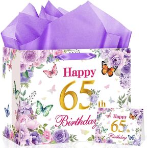 MOORIIY Purple Happy 100th Birthday Gift Bag, Flower 100th Birthday Gift Bag with Tissue Paper and Card, 100 Year Wrapping Paper Bag for Women Hundredth Birthday Party Favors Supplies in Saudi Arabia