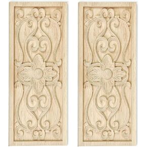 2 Pcs Decorative Wood Flower Carved Appliques Onlays Decals, 3.1 x 7.8 Inch Unpainted Solid Wooden Square Carving Decal Trim for Furniture Cabinet Closet Decoration in Saudi Arabia