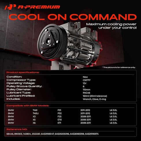 A-Premium Air Conditioner AC Compressor with Clutch Compatible with BMW 740i 740Li 2011-2012, X6 2008-2010, 3.0L, CSE717 Style in Kuwait