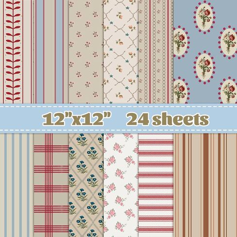 YooNotee 24 Sheets 11.8 x 11.8 Inch Vintage Stripe Style Scrapbook Supplies, Double-Sided Vivid Origami Cardstock Decoupage Floral Decorative Craft Paper for DIY Crafts, Card Making, Art Journaling in Saudi Arabia