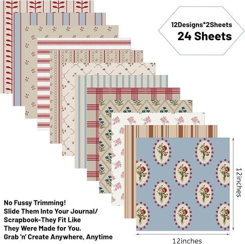 YooNotee 24 Sheets 11.8 x 11.8 Inch Vintage Stripe Style Scrapbook Supplies, Double-Sided Vivid Origami Cardstock Decoupage Floral Decorative Craft Paper for DIY Crafts, Card Making, Art Journaling in Saudi Arabia