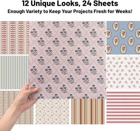YooNotee 24 Sheets 11.8 x 11.8 Inch Vintage Stripe Style Scrapbook Supplies, Double-Sided Vivid Origami Cardstock Decoupage Floral Decorative Craft Paper for DIY Crafts, Card Making, Art Journaling in Saudi Arabia