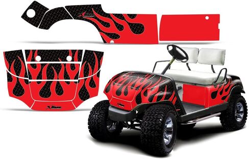 مجموعة رسومات سيارة الجولف AMR Racing: ملصقات عربة الجولف لـ Yamaha G14، G16، G19، G20 (1995-2006)، تتميز بتصميم اللهب الماسي باللون الأحمر والأسود، قم بترقية رحلتك باستخدام الملصقات الواقية! in Kuwait