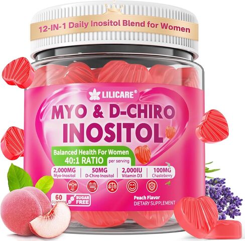 Inositol Gummies for Women + Chasteberry, Myo-Inositol & D-Chiro Inositol 2000mg + 50mg Ideal 40:1 Ratio with Methylated B12 & Folate, Choline, Magnesium, Vitamin D3 for Overall Health, Pack of 2 in Saudi Arabia