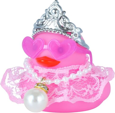 Crown Pink Dress Rubber Duck Car Dashboard Decor with Heart Sunglasses, Pearl Necklace & Tulle Skirt - Squeaky Stress Reliever Accessory for Cars, Office, Home in Kuwait