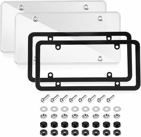 Clear License Plate Covers & Frames 2 Pack, Anti-Yellowing Shatterproof Plate Protectors with Hardware Kit, Anti-Rattle Pads & Caps, Universal Fit for Standard US Car License Plates in Saudi Arabia