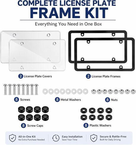 Clear License Plate Covers & Frames 2 Pack, Anti-Yellowing Shatterproof Plate Protectors with Hardware Kit, Anti-Rattle Pads & Caps, Universal Fit for Standard US Car License Plates in Saudi Arabia