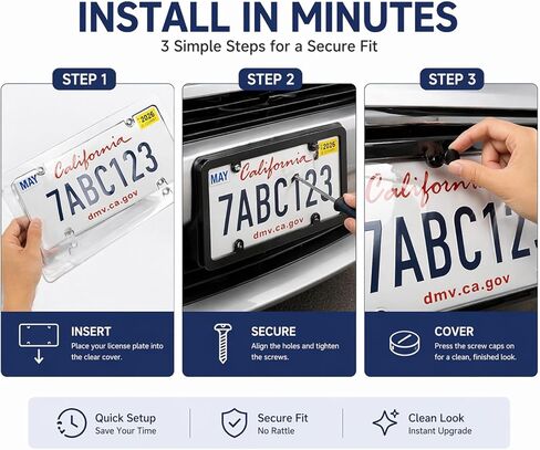 Clear License Plate Covers & Frames 2 Pack, Anti-Yellowing Shatterproof Plate Protectors with Hardware Kit, Anti-Rattle Pads & Caps, Universal Fit for Standard US Car License Plates in Saudi Arabia