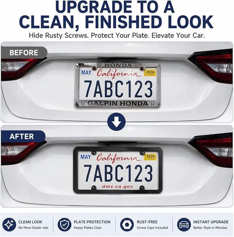 Clear License Plate Covers & Frames 2 Pack, Anti-Yellowing Shatterproof Plate Protectors with Hardware Kit, Anti-Rattle Pads & Caps, Universal Fit for Standard US Car License Plates in Saudi Arabia
